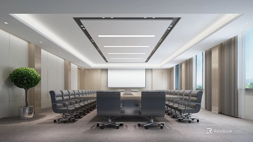 Modern Spacious Conference Room With Long Table Black Chairs Projection Screen And Linear Lights 3d model