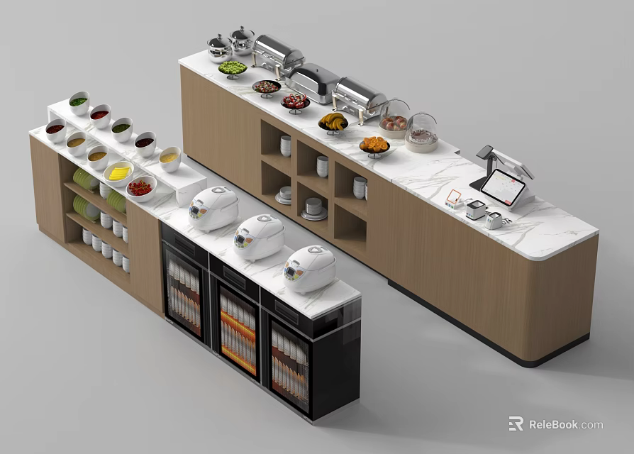 Modern Buffet Restaurant Featuring Varied Food Stations Marble Countertop And Wooden Cabinets 3d model 