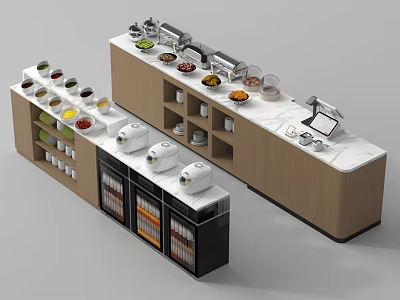 Modern Buffet Restaurant Featuring Varied Food Stations Marble Countertop And Wooden Cabinets 3d model