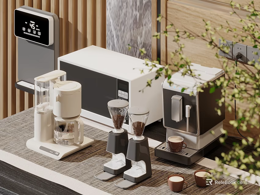 Modern Kitchen Countertop With Coffee Maker Grinder And Small Appliances Decorated With Plant And Cups 3d model