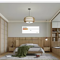 Modern Wooden Bedroom Interior With Woven Pendant Light Green Throw Blanket Nightstands Blinds And Plants