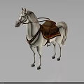 White Horse With Brown Saddle And Leather Reins Standing On Reflective Surface