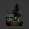 Pine And Brown Trees In Miniature Landscape With Grass Stones Colorful Mushrooms And Glowing Elements