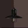 Industrial Black Metal Pendant Light With Conical Shade And Caged Illuminated Bulb On Gray Wall