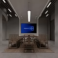 Modern Conference Room with Long Wooden Table Chairs Large Screen Display and Minimalist Interior Design