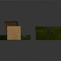 Green Wooden And Brown Cardboard Boxes Featuring Vintage Style Various Sizes Metal Clasps White Symbols