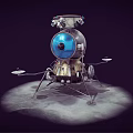 Vintage Lunar Lander Spacecraft With Blue Dome And Metal Legs On Gray Ground
