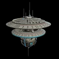 Futuristic Floating Spaceship With Multi Level Structure And Blue Glowing Stripes 3d model