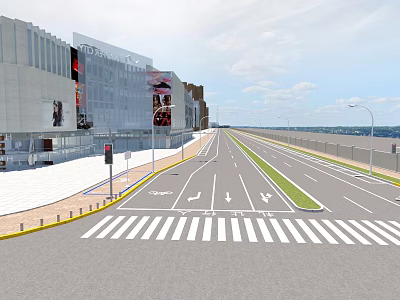 Modern Municipal Road With Pedestrian Walkway Green Median Street Lamps And Modern Buildings 3d model