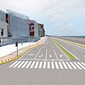 Modern Municipal Road With Pedestrian Walkway Green Median Street Lamps And Modern Buildings
