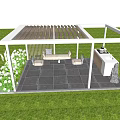 White Pergola With Outdoor Seating And Flower Bed On Green Lawn