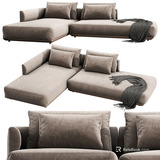 Comfortable Beige Sectional Sofa with Soft Pillows and Cozy Throw Blanket 3d model 