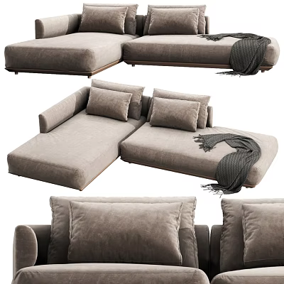 Comfortable Beige Sectional Sofa with Soft Pillows and Cozy Throw Blanket 3d model