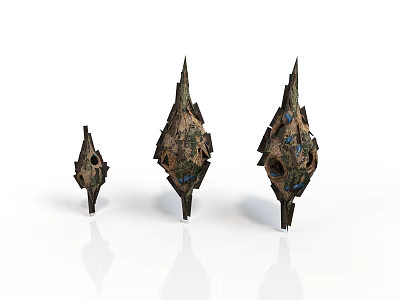 Textured Spiked Decorative Ornamental Pieces In Three Varying Sizes With Brown And Blue Hues 3d model