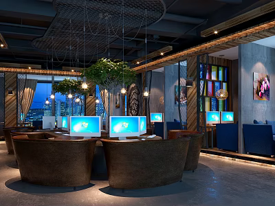 Modern Internet Cafe Interior With Comfortable Round Seats Computers And Green Plants 3d model