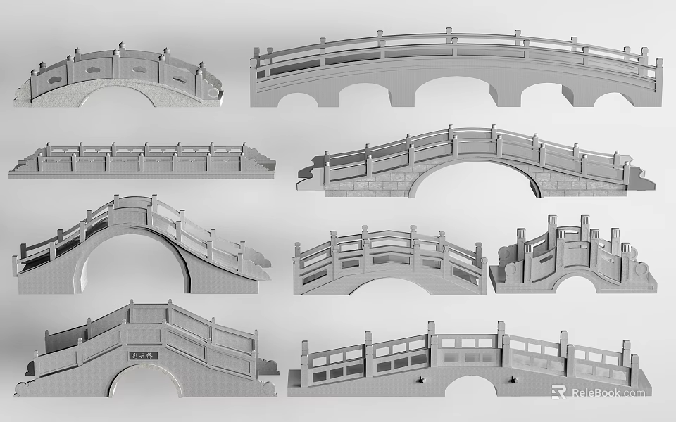 Various Types of Landscape Bridges with Architectural Design and Decorative Railings 3d model 