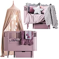 White Baby Crib With Star Canopy Gray Knitted Blanket And Pink Pillows