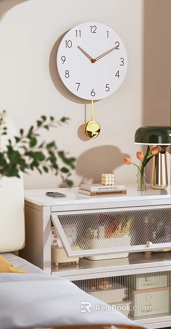 Golden Wall Clock in Modern Room With White Countertop Green Lamp Tulips Books 3d model 