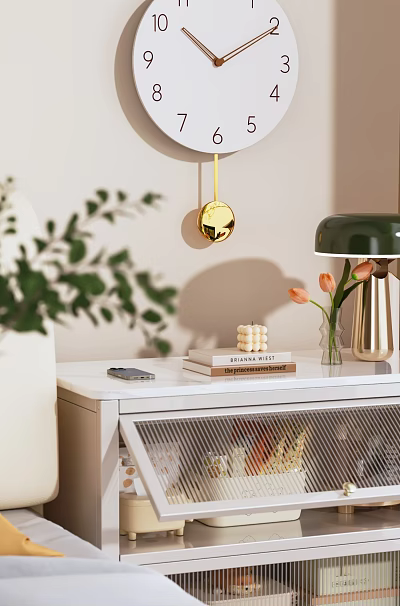 Golden Wall Clock in Modern Room With White Countertop Green Lamp Tulips Books 3d model