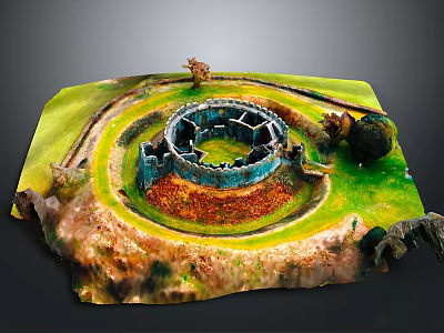 Cartoon Scene Of Circular Fortress Ruins With Green Grass And Earthy Ground 3d model
