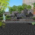 Japanese Garden Landscape with Fire Pit Seating Area Stone Lanterns and Cherry Blossom Trees