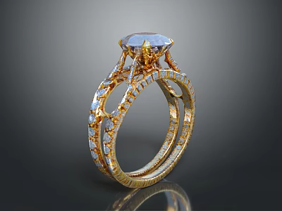 Ornate Gold Ring Featuring Large Oval Gemstone And Intricate Diamond Accents 3d model