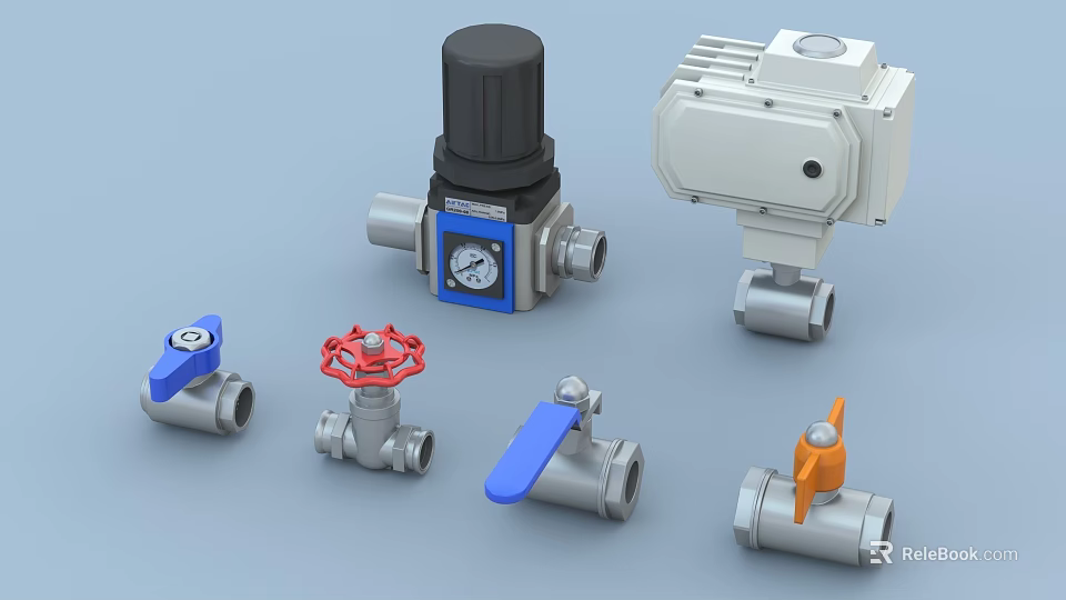 Industrial Equipment Featuring Valves Actuators with Pressure Gauge and Colorful Handles 3d model 