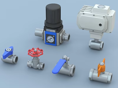 Industrial Equipment Featuring Valves Actuators with Pressure Gauge and Colorful Handles 3d model