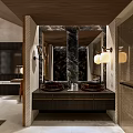Modern Hotel Room Interior With Wooden Ceiling Stone Wall Large Windows TV Desk And Bed