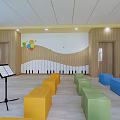 Kindergarten Music Classroom With Colorful Stools Music Stand And Wall Decorations