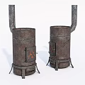 Vintage Kitchen Cookware Featuring Two Rustic Metal Stoves With Chimneys 3d model