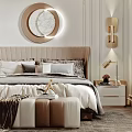 Elegant Modern Bedroom Interior With Chandelier Round Mirror And Bedside Tables