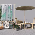 Chinese Style Outdoor Tea Setting With Bamboo Furniture Calligraphy Scrolls And Plants