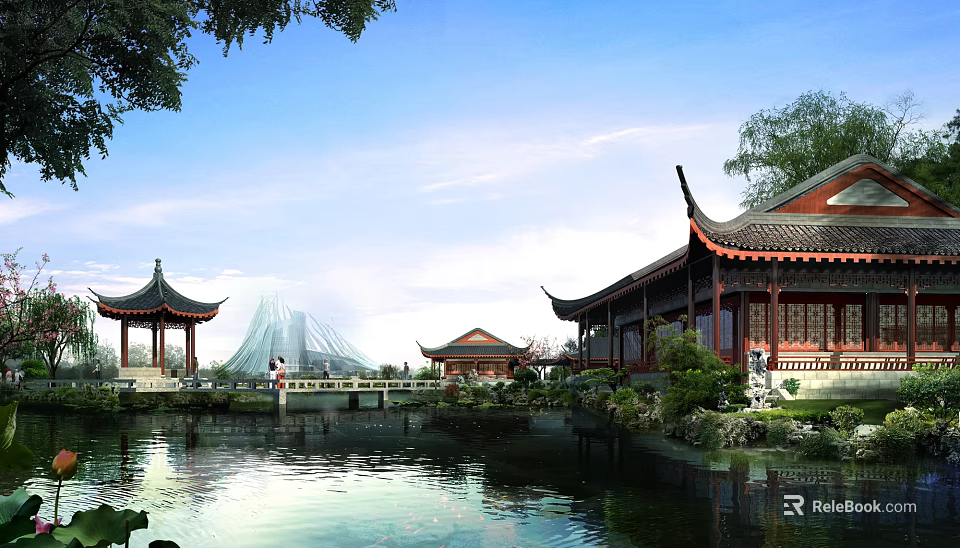 Traditional Ancient Architecture Showcasing Elegant Cornices Tranquil Pond And Stone Bridge 3d model 