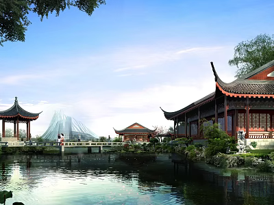 Traditional Ancient Architecture Showcasing Elegant Cornices Tranquil Pond And Stone Bridge 3d model