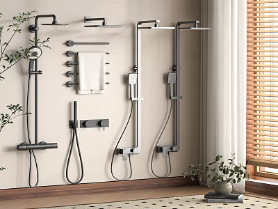 Modern Bathroom Shower System Design With Wall Mounted Handheld Rainfall Heads And Towel Rack 3d model