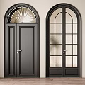 Black Arched Double Doors With Glass Panels Against Light Wall And Wooden Floor