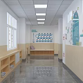 Bright School Corridor Interior with Windows Bench Wall Decorations and Bookshelves 3d model