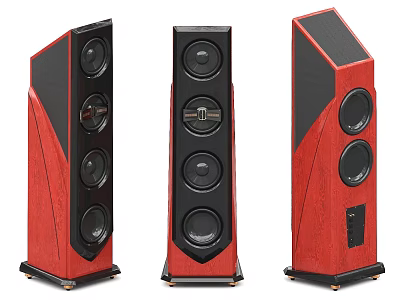 Modern Red Wooden Floor Standing Speakers With Multiple Drivers And Sleek Design 3d model