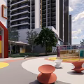 Colorful Outdoor Kids Playground With Slide Colorful Flooring Trees And Building