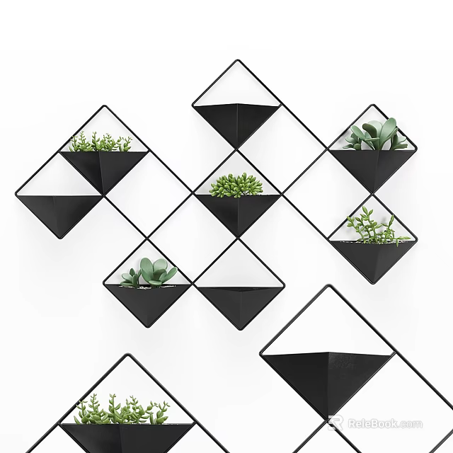 Geometric Black Wall Planters with Green Potted Succulent Plants Decorative Design 3d model 