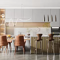 Modern Dining Table Set With Brown Chairs Wavy Pendant Lights And Kitchen Cabinets