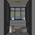 Modern Walk in Closet Design With Mirrored Doors Large Window Mountain View And Storage Elements
