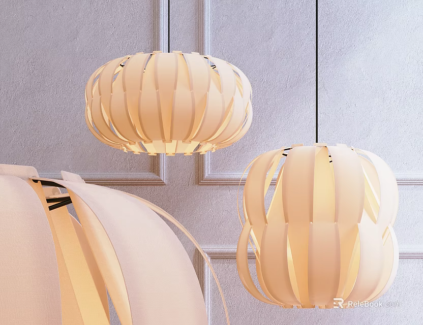 Modern Pendant Lights With Wave Patterned Shades Wooden Frame Hanging Over Light Colored Wall 3d model 
