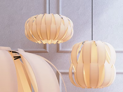 Modern Pendant Lights With Wave Patterned Shades Wooden Frame Hanging Over Light Colored Wall 3d model