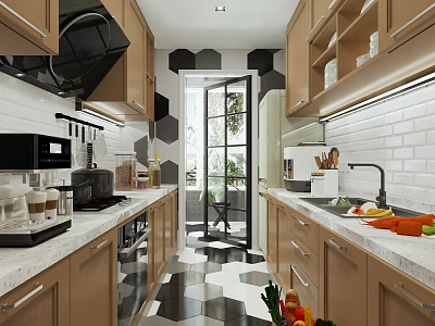Modern Kitchen with Wooden Cabinets Black White Hexagonal Tiles Marble Countertop Appliances and Fruits 3d model