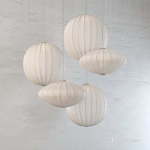 Multiple White Pleated Pendant Lights Hanging Against Minimalist White Wall Background 3d model 