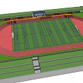 Football Field with Green Grass Running Track Spectator Stands and Surrounded by Trees