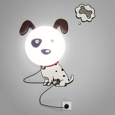 Cute Puppy Shaped Decorative Light with Black Ears White Spotted Body Red Collar for Kids Room 3d model