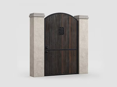 Classic Wooden Gate With Metal Decorative Rivets And Stone Pillars 3d model